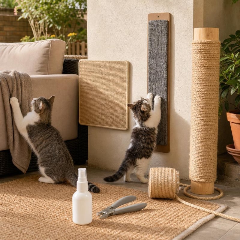 Set Protecție Canapea: covoraș sisal + 4m sfoară + placă zgâriat + catnip + unghieră + jucărie automată