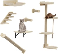BootyBay 7 részes fali macskabútor fából - Mászófa 3 kaparófával, 4 lépcsővel, macskahintóval és fekhellyel, 4 platformos falra szerelhető m - 7 PCS 7
