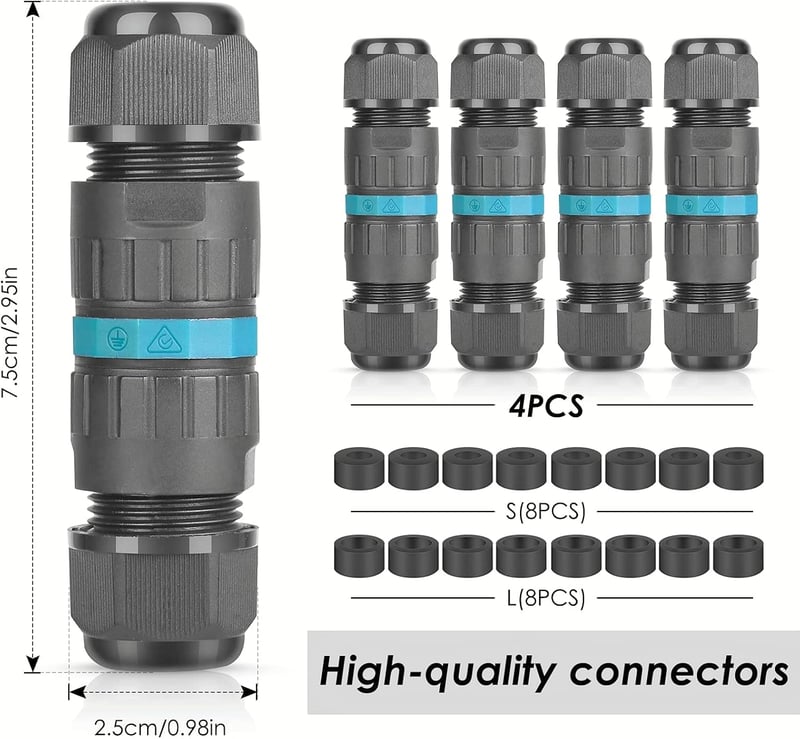 HOSPAOP IP68 Vízálló Kábel Csatlakozó - 3 Pólusú Földkábel Elosztó Doboz 5-12 mm Átmérőjű Kábelekhez - Kültéri Vízálló Kötődoboz, 4 db, Feke