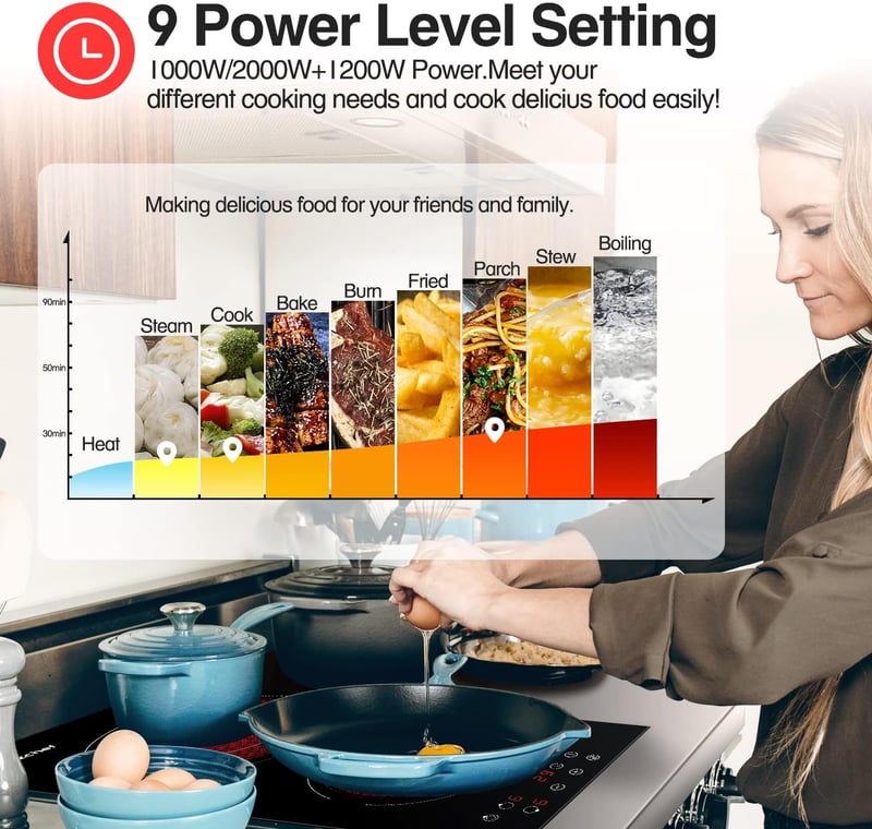 AMZCHEF 77 cm-es Beépíthető Üvegkerámia Főzőlap 5 Zónával - Ovális és Tripla Zónás, 9 Teljesítményszint, Időzítő, Biztonsági Zár, 8500W