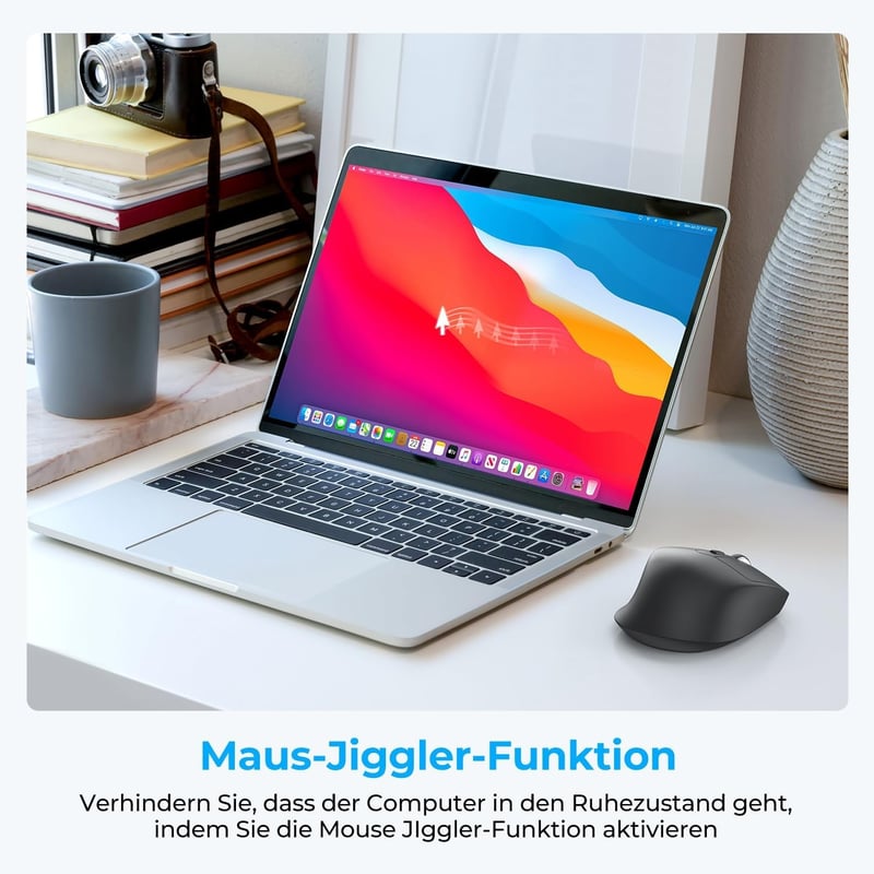 iClever MD360 Ergonomikus Bluetooth Egér - Vezeték Nélküli USB-C Tölthető Egér Jiggler Funkcióval, Csendes Kattintás, 3 Eszköz Csatlakoztatá