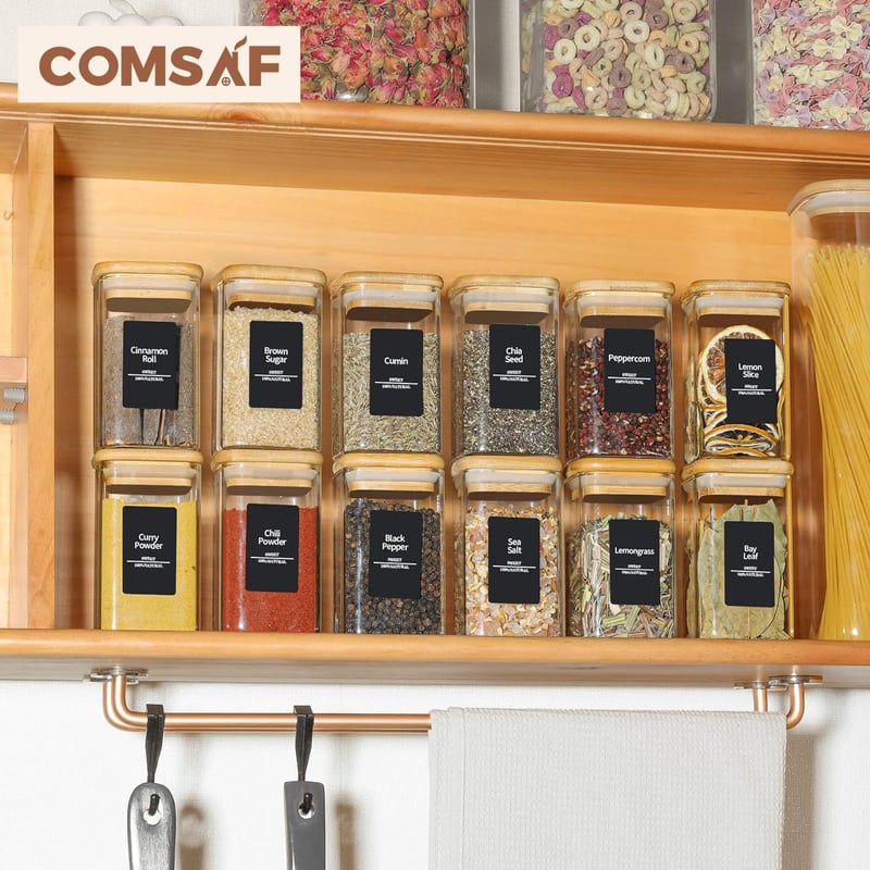 ComSaf Légmentes Bambusz Tetős Fűszertartó Szett 12db - 250ml Négyzetes Üvegek Címkékkel