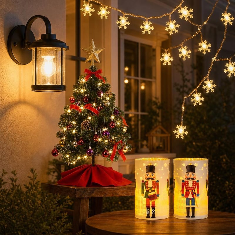 Meleg esti fényvarázs: 60 cm LED-műfenyő + 6 m fényfüzér + 2 db asztali lámpa + kültéri fali lámpa