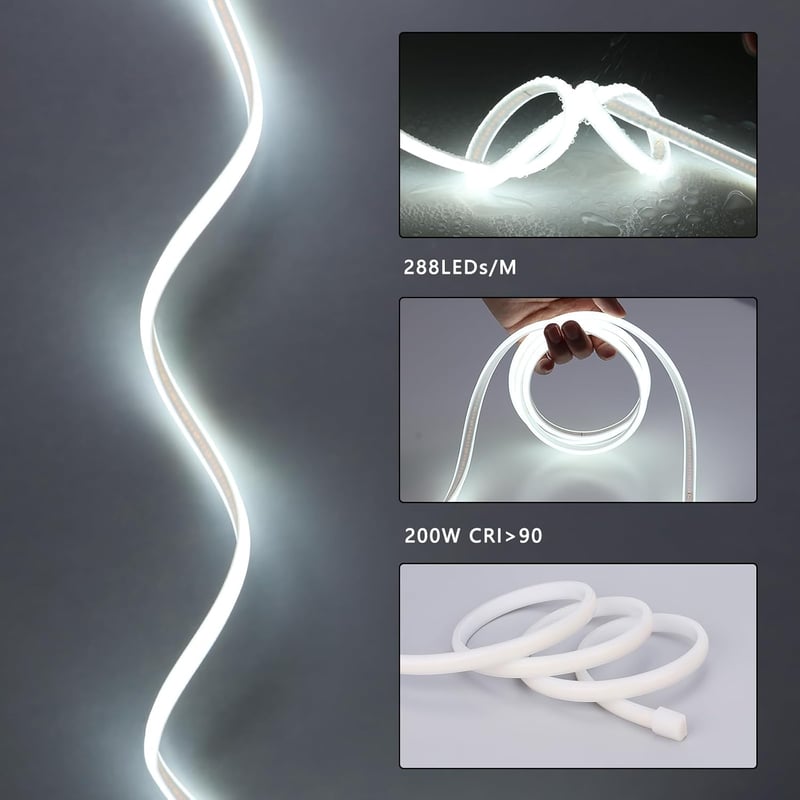 BENLUN 20m-es Vízálló COB LED Szalag, 6000K Hideg Fehér, IP65 Védelemmel, Flexibilis Vágható, 220V-os, Transzformátor Nélküli, Dugóval, Épít