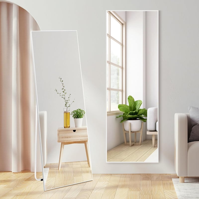 Vasemouh 150x51 cm Álló Tükör Fehér PVC Kerettel - Edzett Üveg Teljes Alakos Tükör Hálószobába, Nappaliba, Előszobába vagy Fürdőszobába