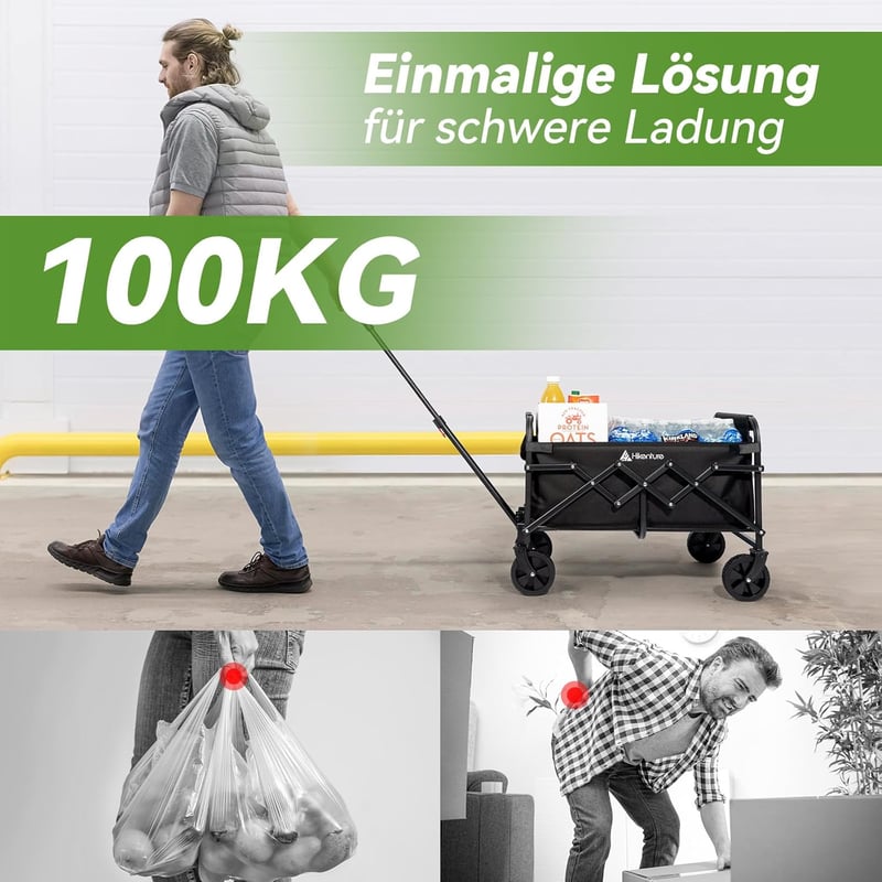 HIKENTURE Összecsukható Kézikocsi 65L - Strapabíró Strand és Kemping Szállító - Black