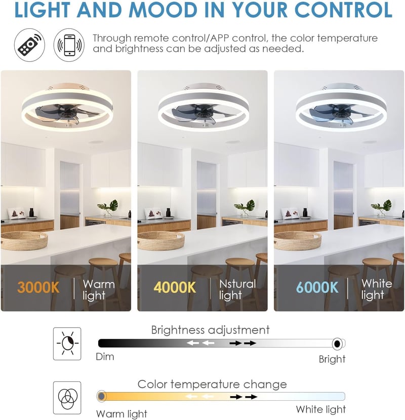 MOSSCO Mennyezeti Ventilátor LED Világítással, 40 cm, Távirányítós, Applikációval Vezérelhető, 3 Fényerő, 6 Sebességfokozat, Csendes Működés