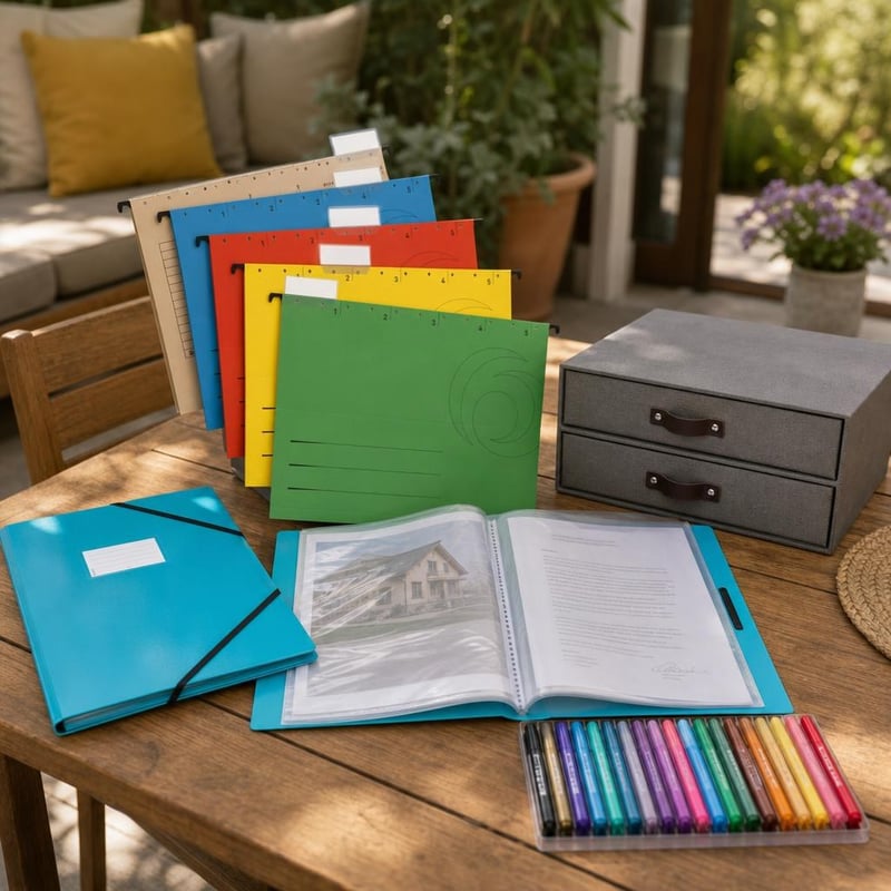 Set za organizaciju dokumenata: 5x A4 mape + 60 džepova + 2 ladice + 15 flomastera