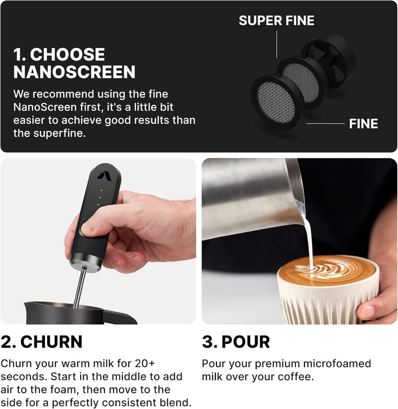 Subminimal NanoFoamer V2 Kézi Tejhabosító | Mikro-habosított Tej Barista Minőségű Kávéitalokhoz | Elemes Tejhabosító Cappuccino, Latte és Fo