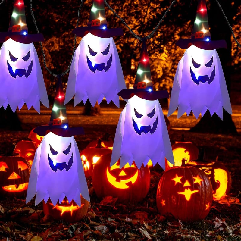 Sunshine smile Halloween Kültéri Dekoráció - 5db Világító Függő Szellem Szett - Boszorkánykalap és Szellemdíszek Kertbe, Fára, Partira - Újr