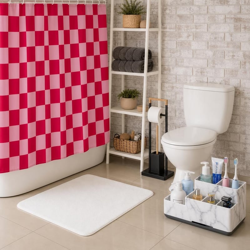 Set za opremanje kupaonice: zavjesa + 4 ručnika + tepih + WC set + držač četkica
