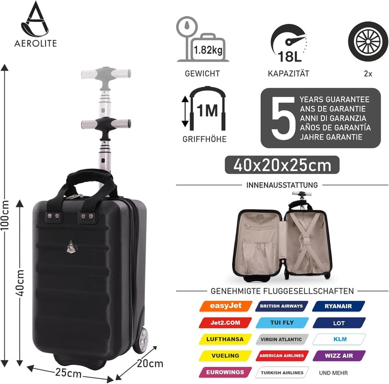 Aerolite Ryanair Priority Kemény Héjú Bőrönd Szett, Könnyű, Környezetbarát, 2 Kerekes Kabinbőrönd, 55x40x20cm + 40x20x25cm, Fekete - Black