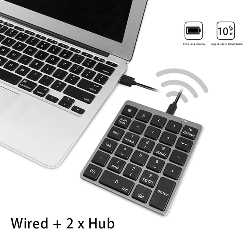 Yunseity Bluetooth és USB-s numerikus billentyűzet, 28 gombos, iOS/Android/Windows, szürke-fekete