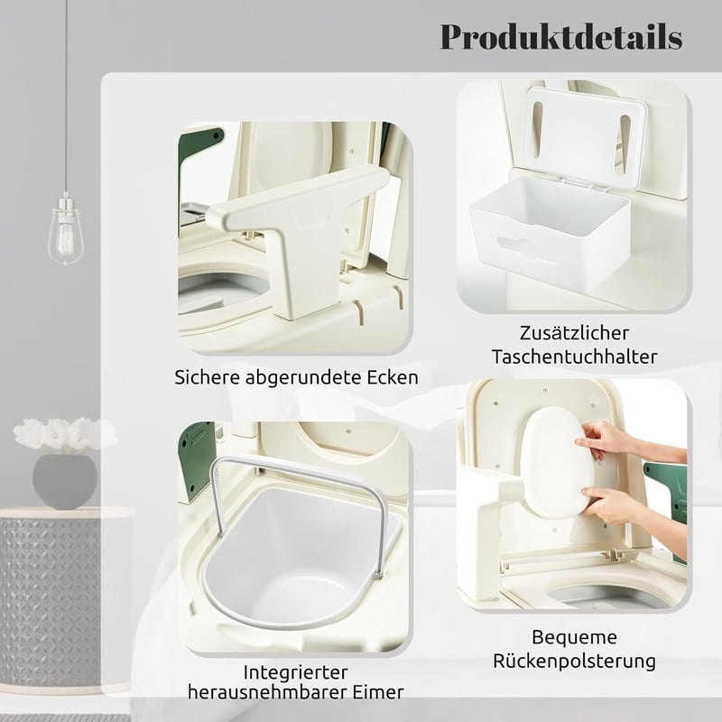 Hybodies Hordozható WC Szék Időseknek és Mozgáskorlátozottaknak - Állítható Magasságú Éjjeli Toalett Karfával, Szenzoros Éjszakai Fénnyel, 2