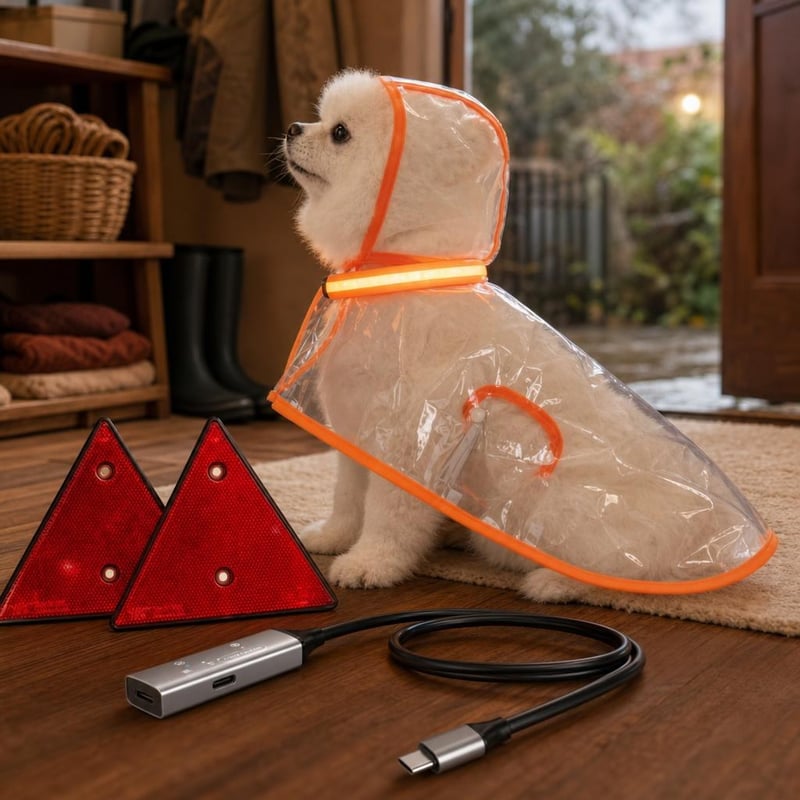 Set na venčenie v daždi: pršiplášť + LED obojok + 2x odrazka + 10m USB-C kábel