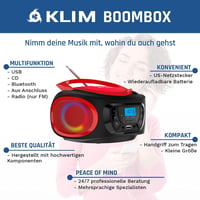 KLIM Boombox Hordozható CD Lejátszó - FM Rádió, Bluetooth, MP3, USB, AUX - Újratölthető Akkumulátor, RGB Világítás, Kompakt Kivitel (Piros) 2