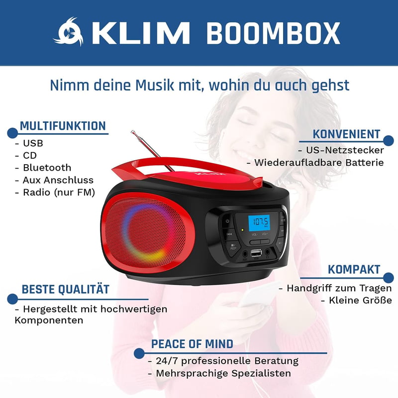 KLIM Boombox Hordozható CD Lejátszó - FM Rádió, Bluetooth, MP3, USB, AUX - Újratölthető Akkumulátor, RGB Világítás, Kompakt Kivitel (Piros)
