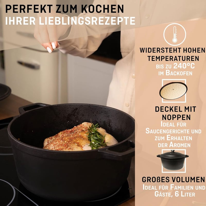 VeoHome 6L Öntöttvas Lábas Matt Fekete Zománcozott | Sütő-Főzőedény | Kenyérsütéshez | Holland Sütő | Hőálló Fazék 28cm
