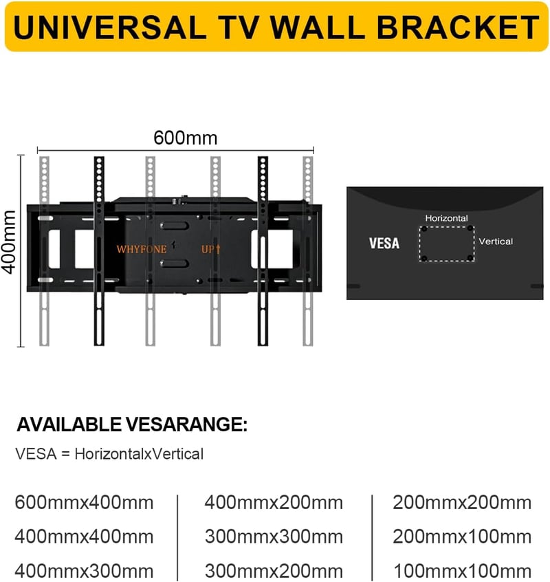 WHYFONE TV Fali Tartó 37-86" Képernyőkhöz - 120 cm Extra Hosszú Forgó Kar, 180° Elforgatható, 50 kg Teherbírás, VESA 600x400 mm