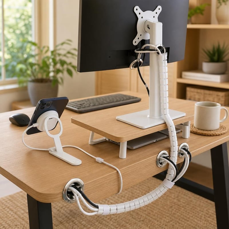 Pachet Birou Ideal: 3x trecere cabluri + organizator spirală + 50x benzi velcro + suport monitor + încărcător 25W