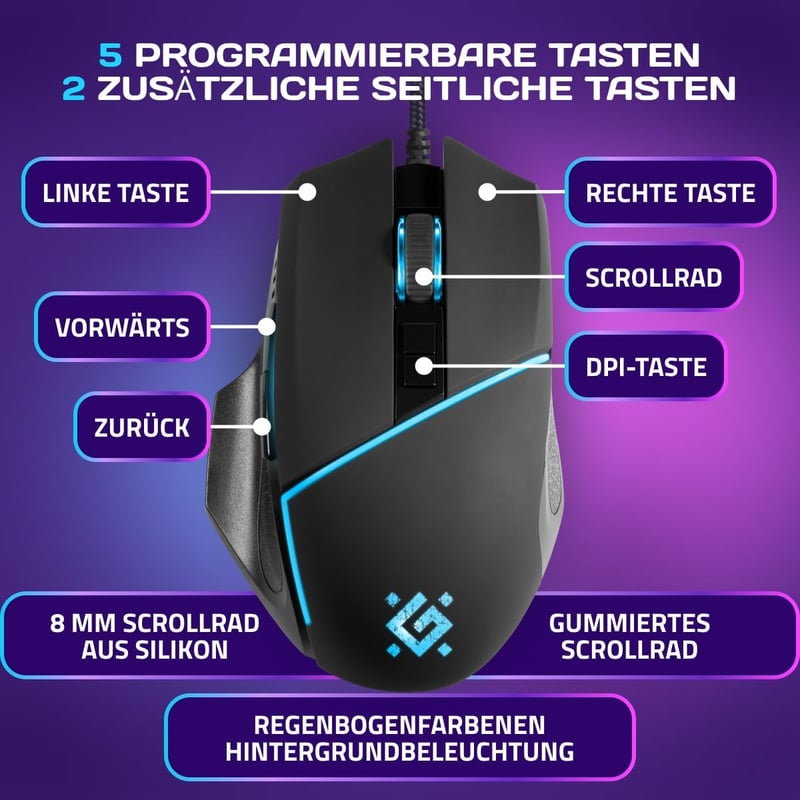 Defender Warframe GM-880L ergonomikus gamer egér, 12800 DPI, RGB, programozható gombok