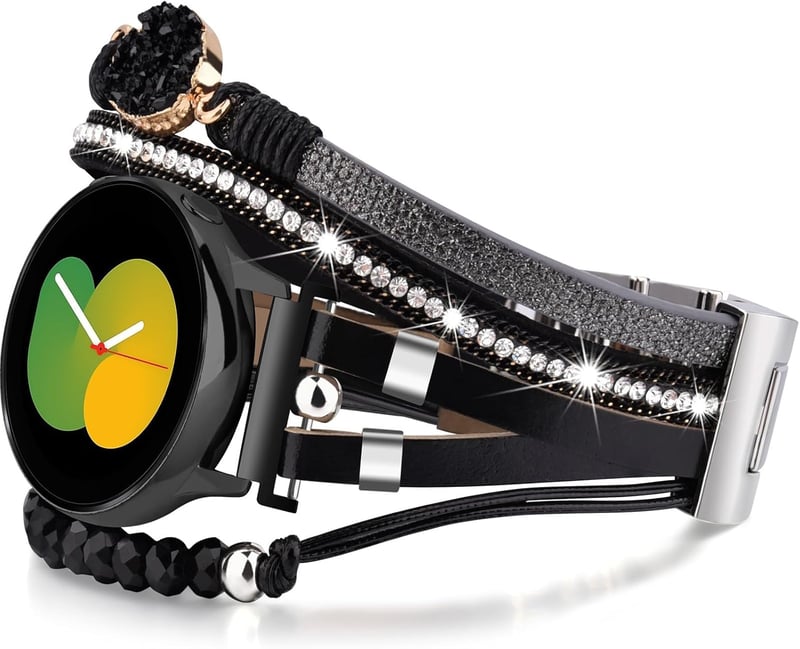 VISOOM Boho Bőr Karkötő Samsung Galaxy Watch 7/6/5/4 Órához - 20mm Gyöngyös Többrétegű Szíj 40-47mm Modellekhez, Fekete