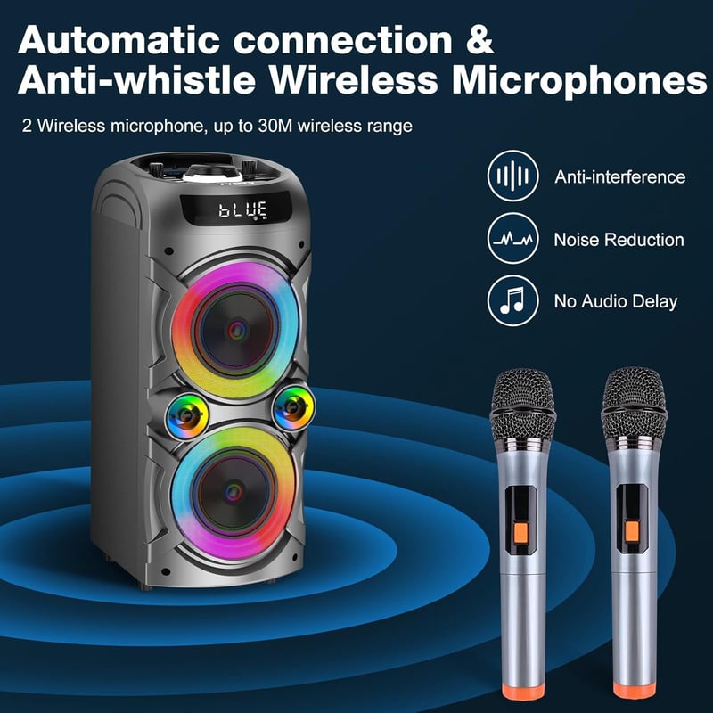 LANMEMG Karaoke Rendszer 2 Vezeték Nélküli Mikrofonnal - 100W Hordozható Bluetooth Hangszóró LED Fényekkel, Távirányítóval, USB/TF Kártya Tá