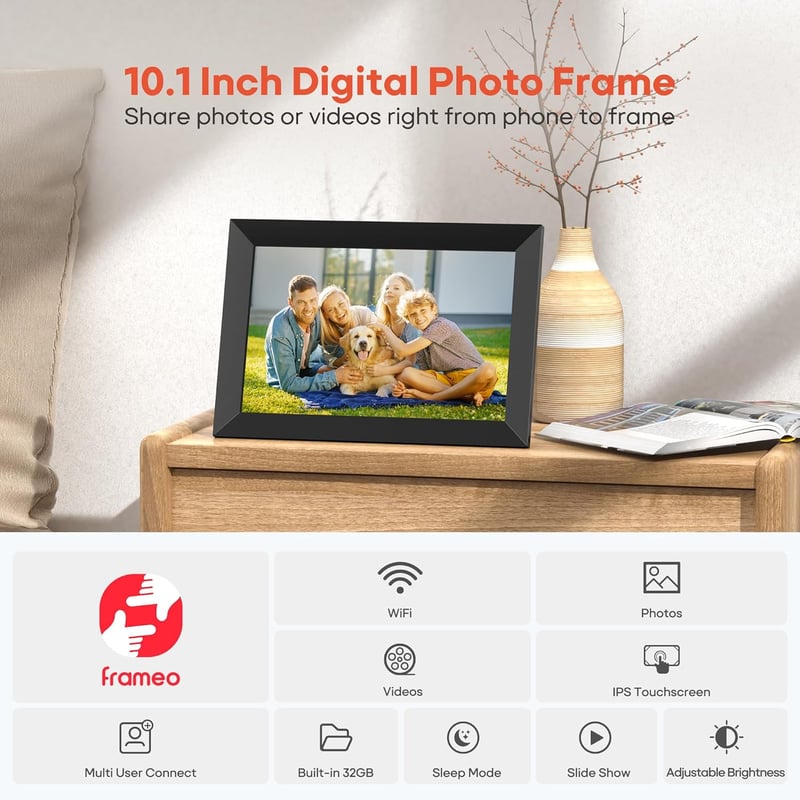 BIGASUO Frameo 10.1" WiFi Digitális Képkeret - HD IPS Érintőképernyő, 32GB Memória, Automatikus Forgatás, Fali Rögzítés, Azonnali Fotómegosz