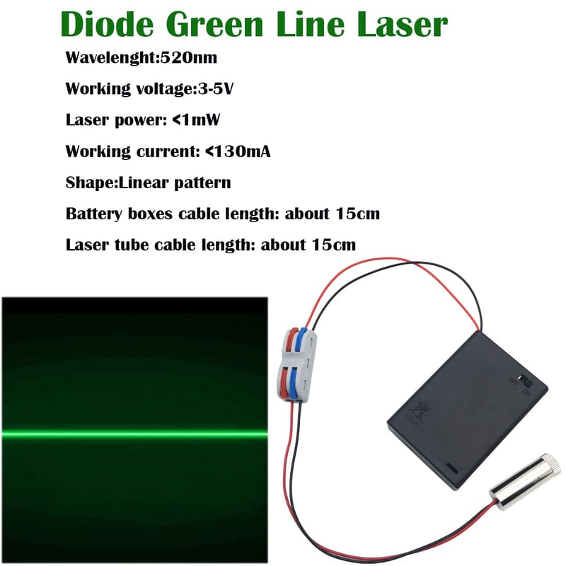 CTRICALVER 520 nm Zöld Lézer Vonal Modul 3-5V Fémházas Dióda Meghajtóval, 15 cm Kábellel, Sorkapcsokkal és Elemtartóval DIY Projektekhez - 520nm 3-5V Grün Laserlinie, 520 Nm 3-5 V Green Laser Line
