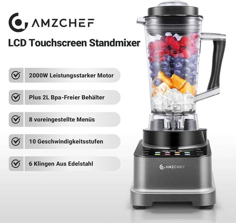 AMZCHEF 8 az 1-ben Multifunkciós Turmixgép 2000W | LCD Érintőképernyős Konyhai Mixer 2L Tartállyal | 8 Intelligens Program és 10 Sebességfok