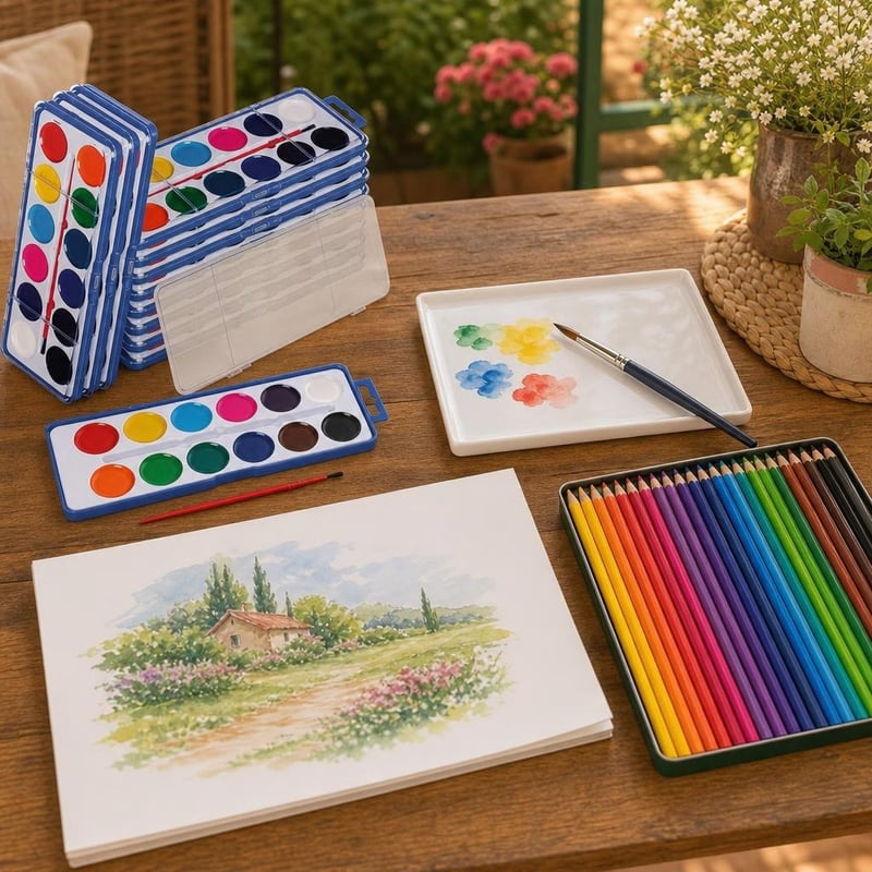 Set za akvarel: 1x kist + 12 boja + keramička paleta + A3 blok + 36 drvenih bojica