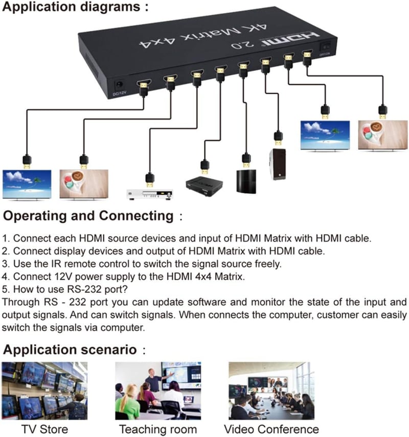 XYKJOBC HDMI Matrix 4x4 - 4K 60Hz Elosztó, 4 Bemenet 4 Kimenet, RS232 EDID Kapcsoló, Kompatibilis TV, Projektor, DVD Lejátszó