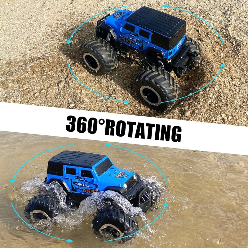 ACAMMZAR Kétéltű Távirányítós Autó Akksis- 2.4GHz 4WD 360° Forgás, Vízálló Monster Truck, 2 Akkumulátorral, Terepjáró RC Jármű 