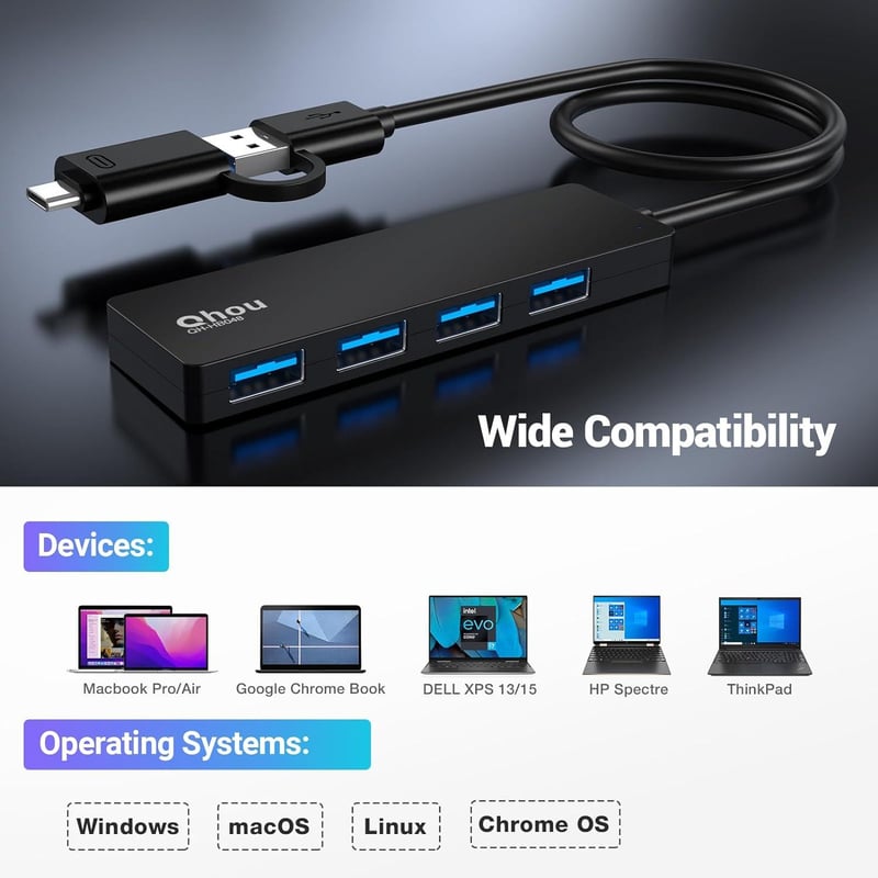 Qhou 4 Portos USB 3.0 Hub - Gyors Adatátvitel, USB-C Csatlakozás