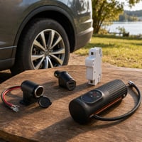 Auto paket za putovanja: 12/24V utičnica + USB-C/A punjač + držač osigurača + LED pumpa za gume 1