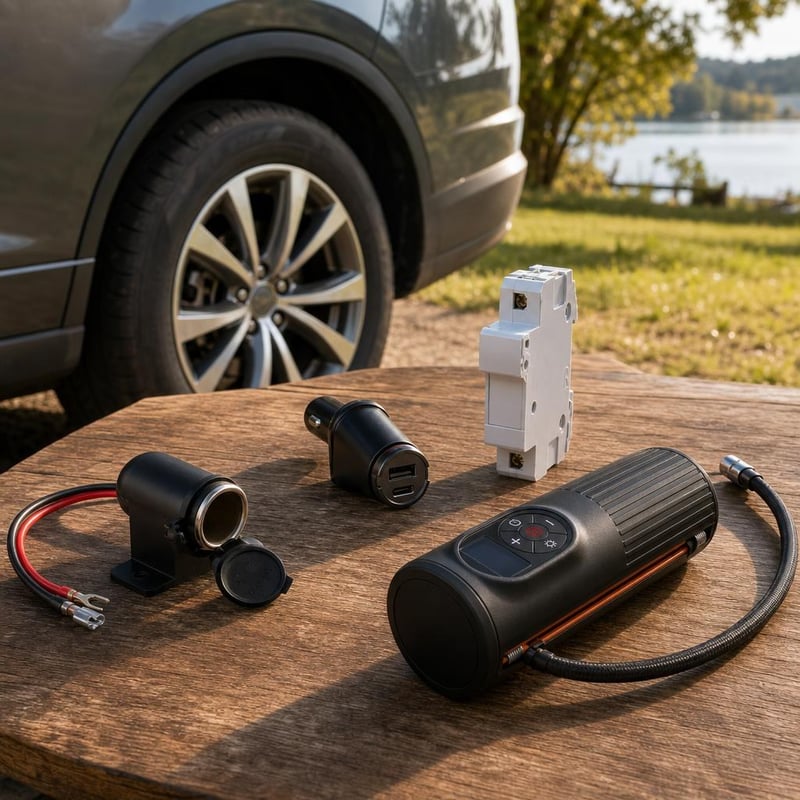Auto paket za putovanja: 12/24V utičnica + USB-C/A punjač + držač osigurača + LED pumpa za gume