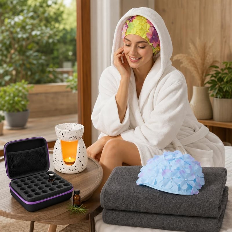 Spa wellness paket: ogrtač + 2 ručnika + 2 kape za plivanje + aroma lampa + torbica za eterična ulja
