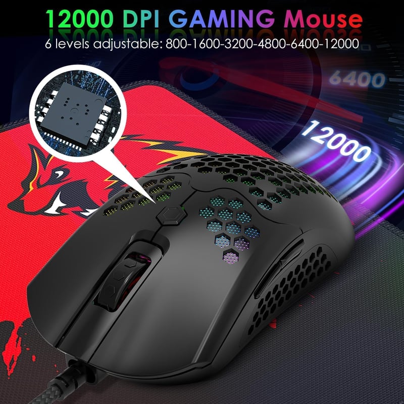 LexonElec 60% Mini Gamer Billentyűzet és Egér Szett - Fekete, RGB Háttérvilágítás, Mechanikus Érzetű, Ergonomikus, 12000 DPI Méhsejt Egér, U