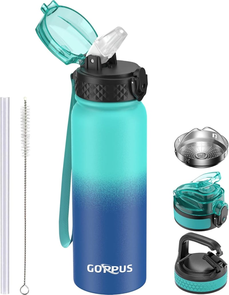 GOPPUS 600ml-es rozsdamentes acél sportkulacs szívószállal, BPA-mentes, szénsavas italokhoz is