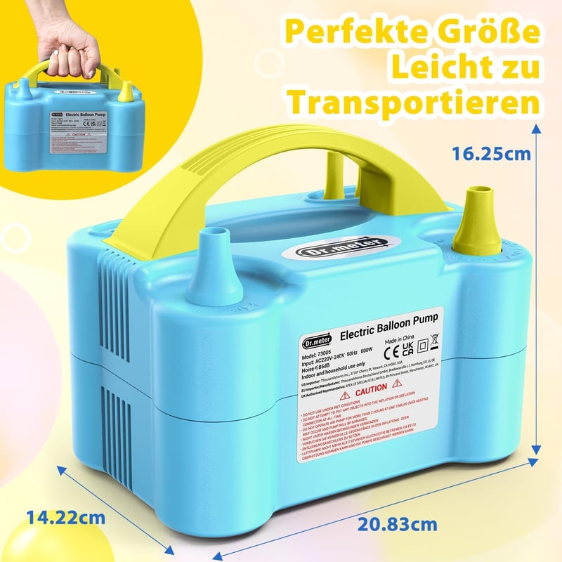 Dr.meter 600W Elektromos Léggömbpumpa Dupla Fúvókával - Kék, Hordozható Lufi Felfújó Partikhoz