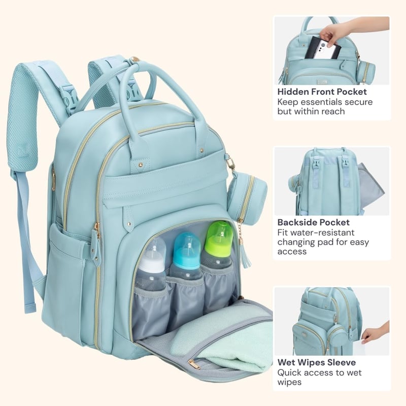 Rucsac de Scutece BabbleRoo din Piele, Albastru Deschis - Geantă de Călătorie Impermeabilă cu Accesorii pentru Scutece