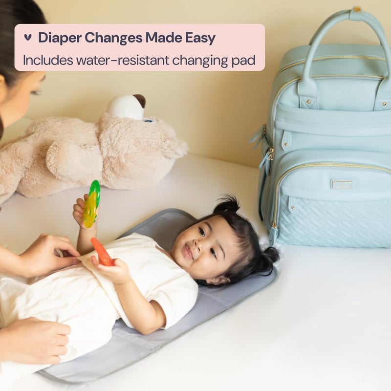 Rucsac de Scutece BabbleRoo din Piele, Albastru Deschis - Geantă de Călătorie Impermeabilă cu Accesorii pentru Scutece