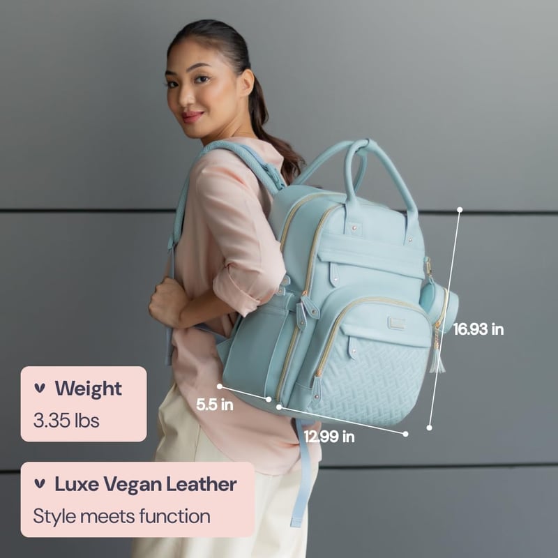 Rucsac de Scutece BabbleRoo din Piele, Albastru Deschis - Geantă de Călătorie Impermeabilă cu Accesorii pentru Scutece