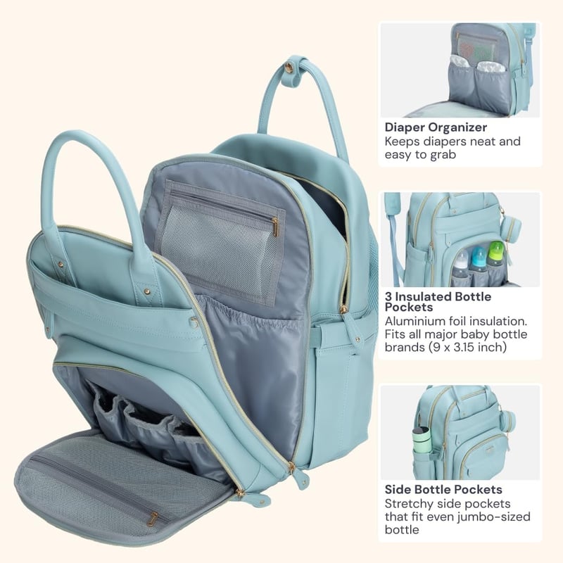 Rucsac de Scutece BabbleRoo din Piele, Albastru Deschis - Geantă de Călătorie Impermeabilă cu Accesorii pentru Scutece