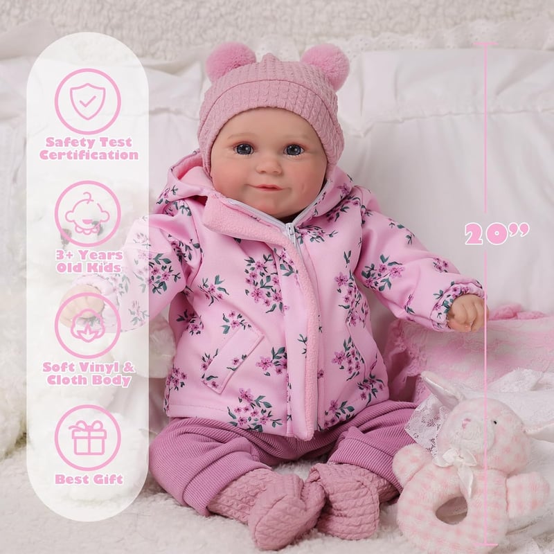 BABESIDE Élethű Újszülött Baba 50 cm - Nyitott Szemű Játékbaba Lányoknak, Puha Testű Valósághű Csecsemő Baba Rózsaszín Ruhában