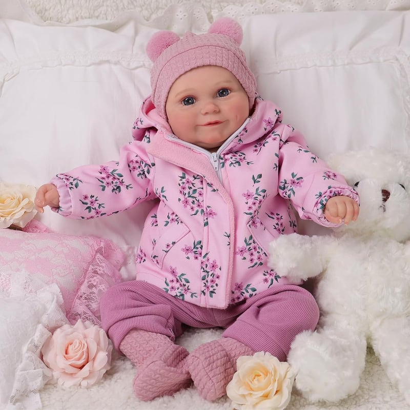 BABESIDE Élethű Újszülött Baba 50 cm - Nyitott Szemű Játékbaba Lányoknak, Puha Testű Valósághű Csecsemő Baba Rózsaszín Ruhában
