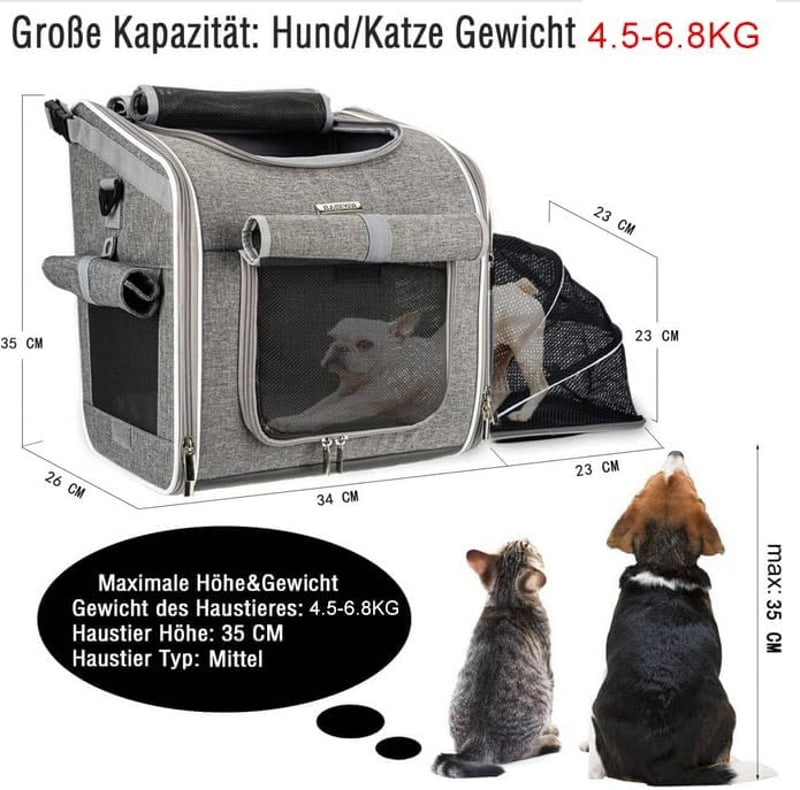 BABEYER Kutya Bicikli Kosár, Bővíthető Puha Szállító Táska 4 Ajtóval és Hálós Ablakokkal Kis Kutyáknak Macskáknak - Szürke
