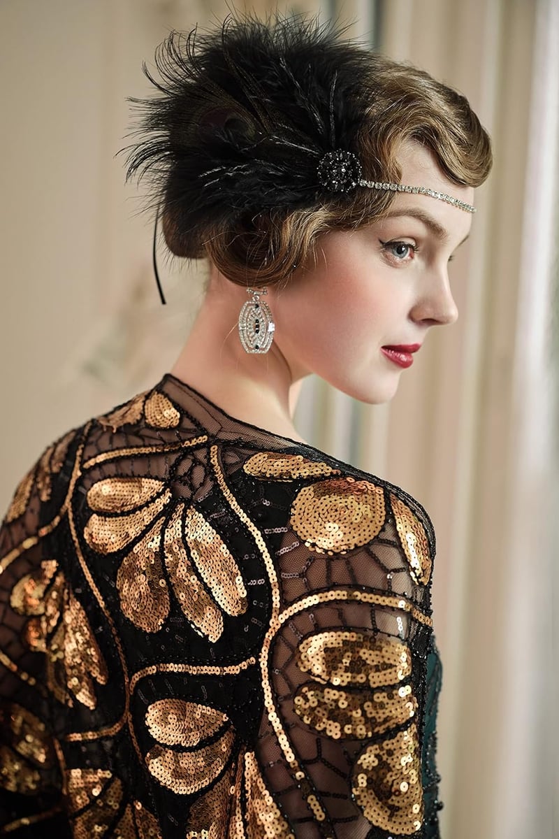 BABEYOND 1920-as Évek Fekete Tollpántos Hajpánt Női Charleston Flapper Stílus Great Gatsby Jelmez Kiegészítő Strasszkővel