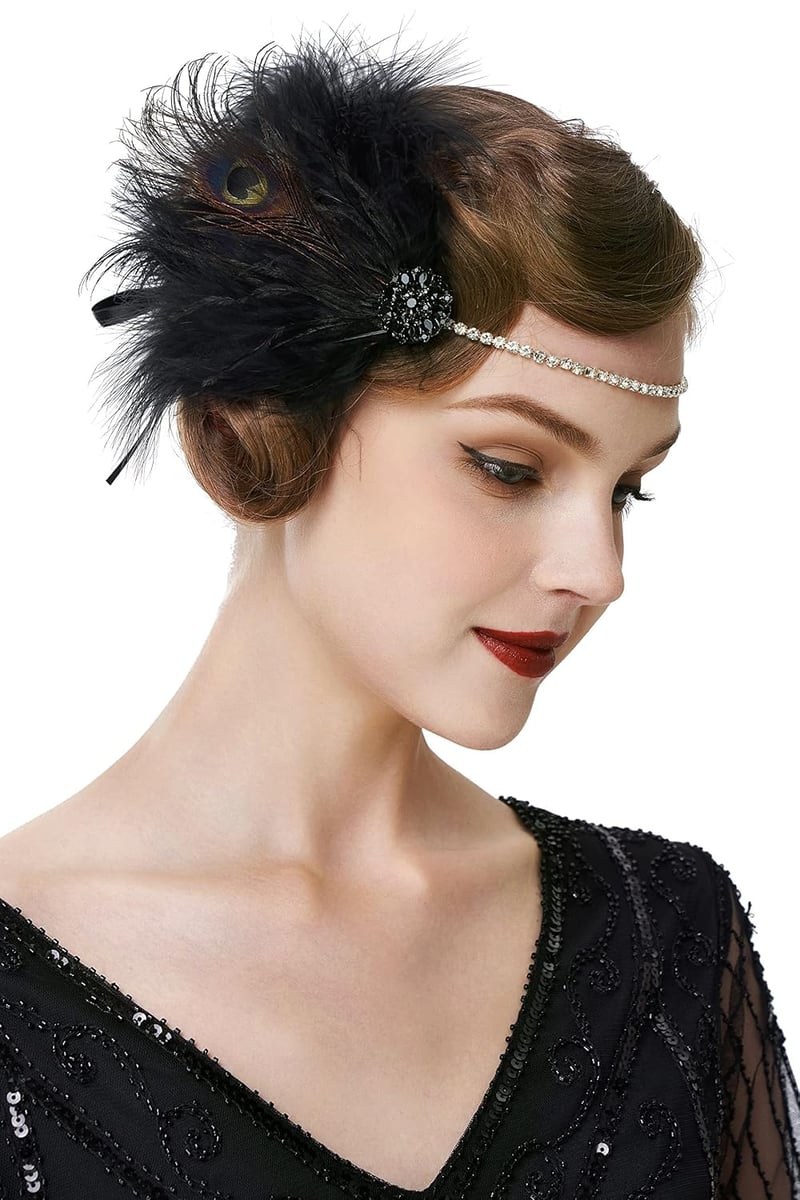 BABEYOND 1920-as Évek Fekete Tollpántos Hajpánt Női Charleston Flapper Stílus Great Gatsby Jelmez Kiegészítő Strasszkővel