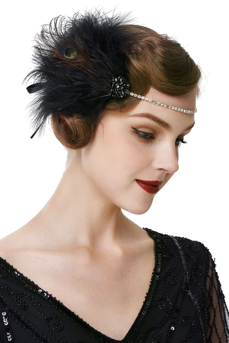 BABEYOND Čelenka do vlasov s čiernym perím v štýle Charleston Flapper z 20. rokov, dámsky doplnok ku kostýmu Veľký Gatsby s kamienkami